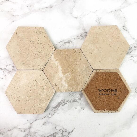 Hexagonal Travertine Marble Coaster Set of 5 Natural Beige Stone Home Decor - Picture 8 of 10